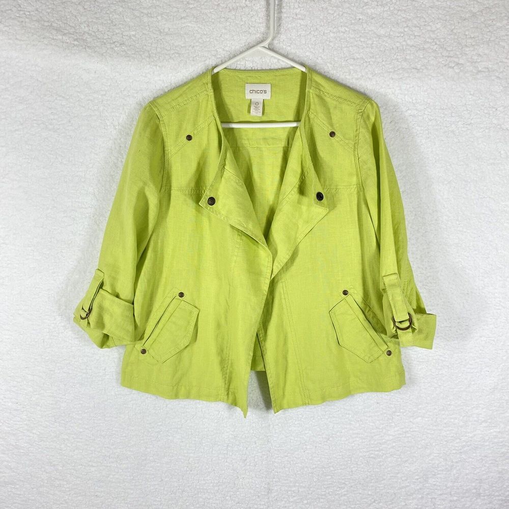 Chicos Jacket Womens Sz S (0) Green Blazer Linen Open Front Lightweight Pockets